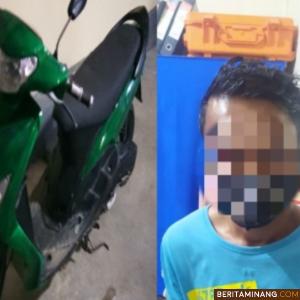 Barang bukti sepeda motor merk Yamaha Mio yang sebelumnya berwarna hitam dicat hijau dan tersangka curanmor. Foto: tribratanews.sumbar.polri.go.id