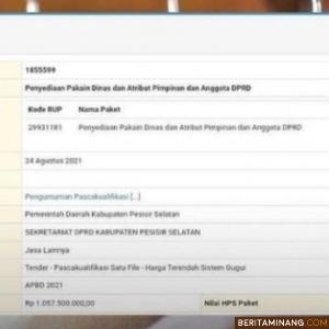 Tangkapan layar LPSE Pessel tentang pengadaan pakaian dan atribut anggota DPRD Pessel. Ist
