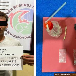 Pelaku (kiri) yang telah diamankan Satresnarkoba Polres Dharmasraya di Mapolres Dharmasraya dan barang bukti (kanan) yang diamankan. Foto: Eko