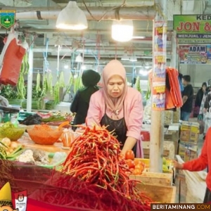 Aktifitas pedagang cabai di Pasar Padang Panjang. Tiga Komoditas Cabai dan Berbagai Jenis Bawang dilaporkan Turun Harga, Sabtu (23/11/2024). Foto: Kominfo Padang Panjang
