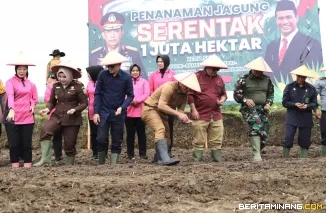 Penjabat (Pj) Wali Kota Padang Panjang, Sonny Budaya Putra, A.P, M.Si ketika kegiatan Penanaman Jagung Serentak 1 Juta Hektare program nasional "Asta Cita Menuju Swasembada Pangan" di Kelurahan Ganting, PPT, Selasa (21/1/25). Foto:Kominfo Padang Panjang