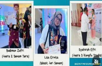 Pemko Bukittinggi berikan penghargaan kepada atlit dan wasit asal Kota Bukittinggi yang berhasil mengharumkan nama daerah pada ajang FORNAS VIII 2025 di NTB yang diserahkan di pandopi rumah dinas Wako, Selasa, (02/09)