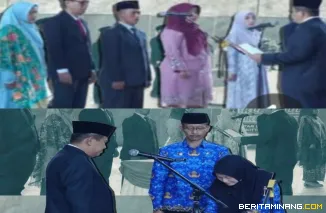 Sekdako Bukittinggi mewakili Walikota mengambil sumpah dan melantik 13 pejabat administrator, pengawas, fungsional dan pejabat fungsional yang diberi tugas tambahan sebagai kepala UPTD Puskesmas, di GOR Bermawi Jumat, (28/11)